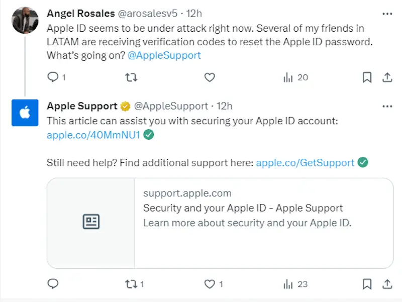 Apple tweet answering a customer
