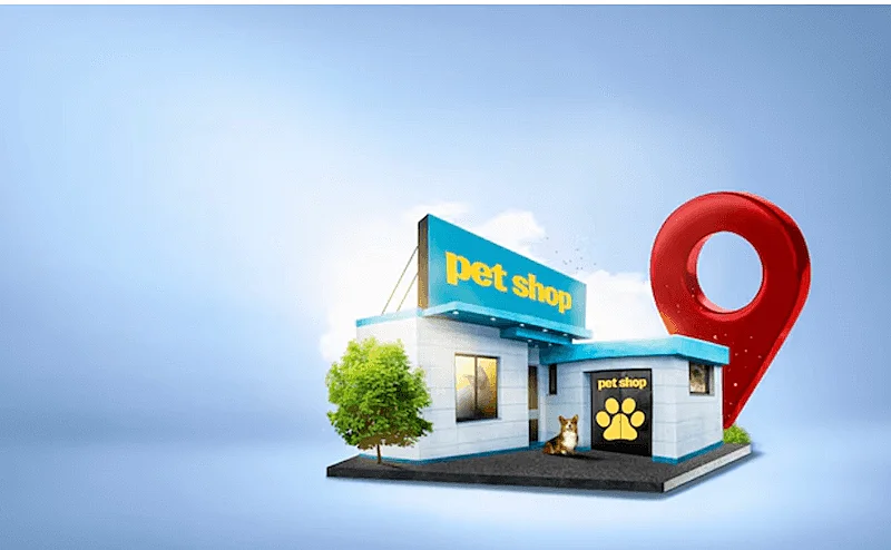 THe image shows a pet shop and giant red target on its right side.