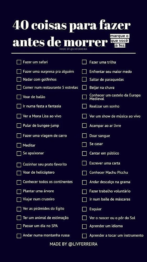 Imagem com uma lista de 40 coisas para fazer