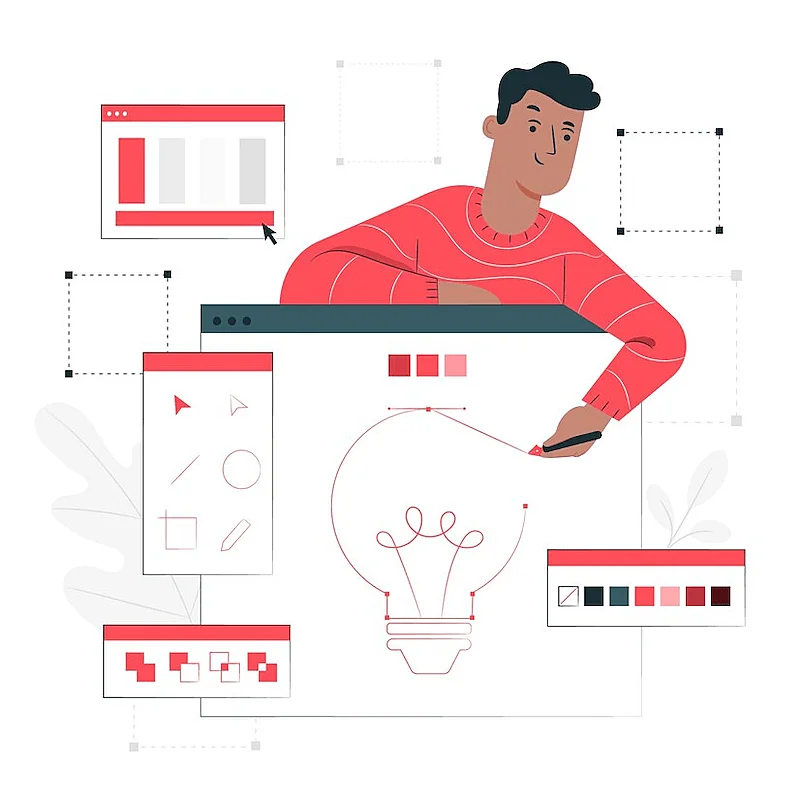 The image shows a guy among several computer screens. He is drawing in one of them.