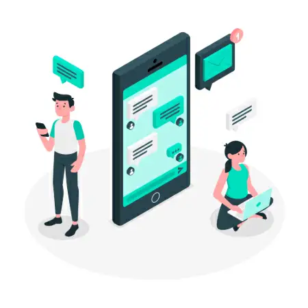 imagem de duas pessoas conversando por dispositivos e um celular com tela de chat
