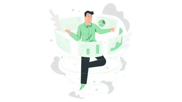 ilustración conceptual de un hombre analizando datos en diferentes pantallas