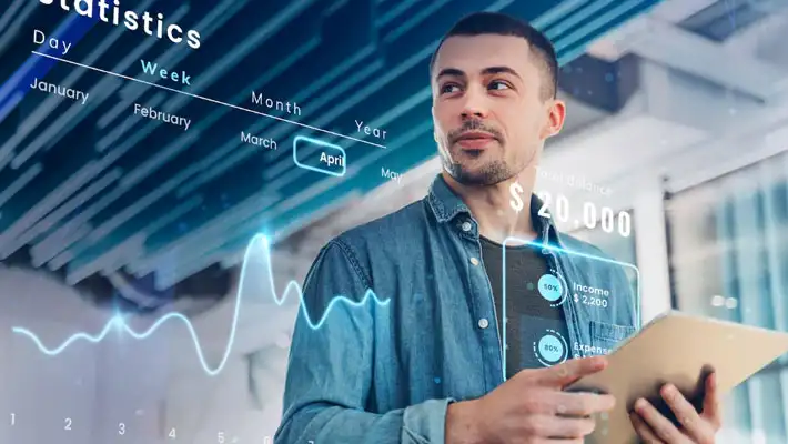Foto con ilustración conceptual de un hombre analizando datos