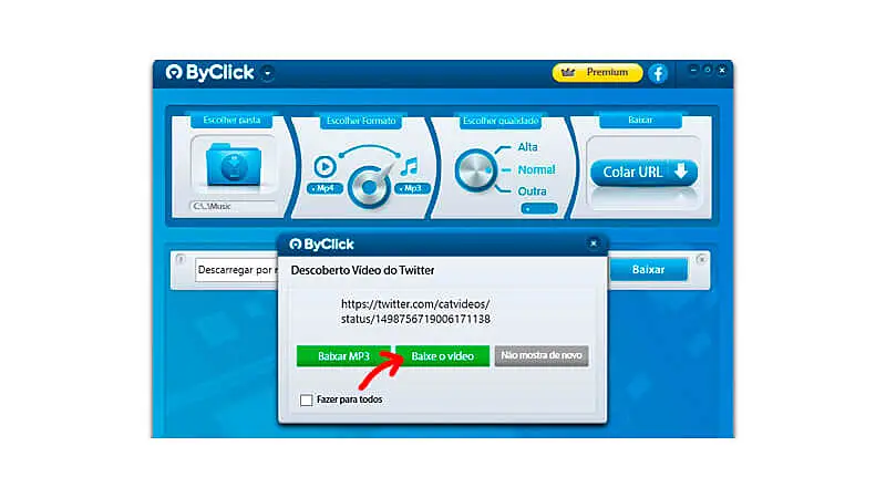 imagem de uma janela do programa ByClick Donwloader com o link do vídeo do Twitter e uma seta vermelha apontando para opção "Baixe o video"