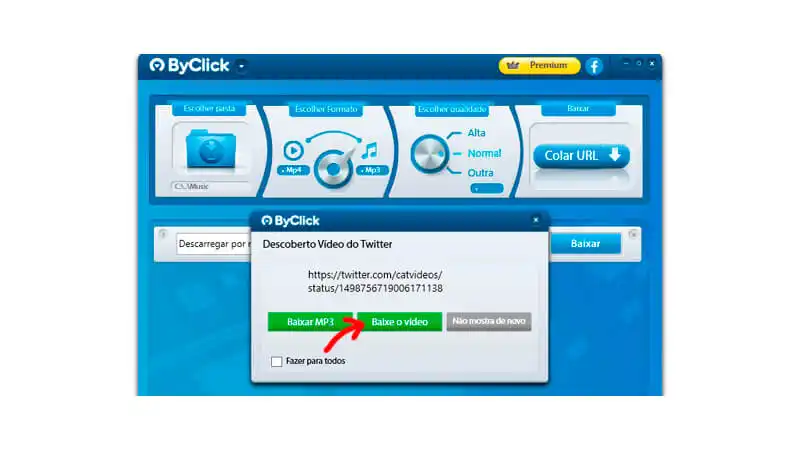 imagem de uma janela do programa ByClick Donwloader com o link do vídeo do Twitter e uma seta vermelha apontando para opção "Baixe o video"