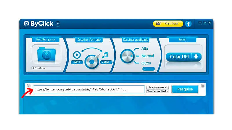 imagem mostrando o aplicativo ByClick Downloader com uma seta vermelha apontando para a barra de pesquisa