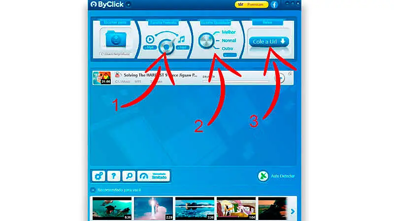 imagem do programa ByClick Downloader com três setas vermelhas ensinando o passo a passo sobre como converter arquivos de vídeo em MP3