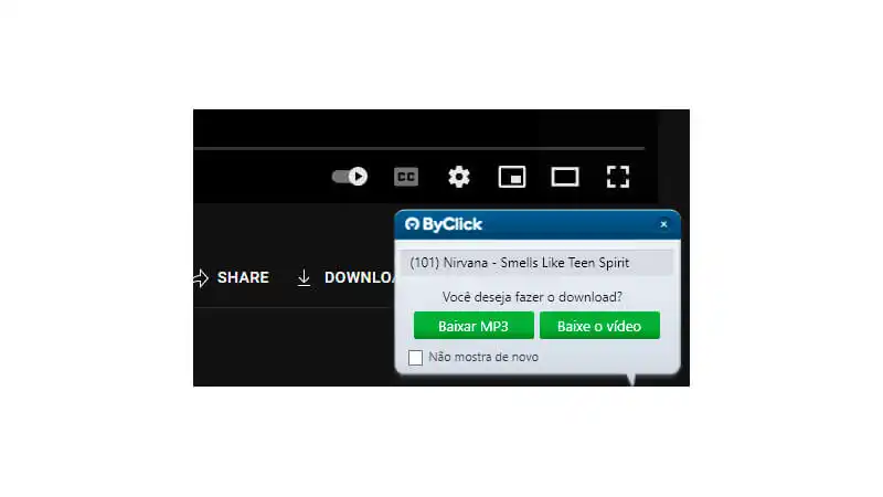 imagem mostrando um exemplo da janela que abre automaticamente no canto inferior direito ao abrir um video no YouTube com o ByClick Downloader