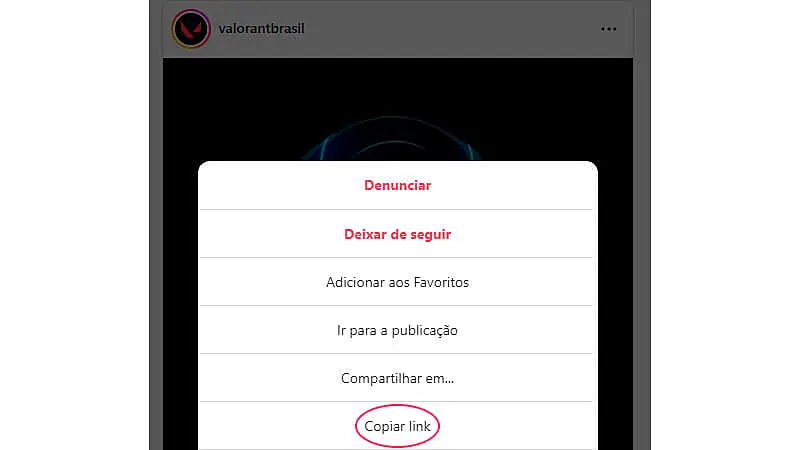 imagem explicando de forma detalhada como copiar o link de um vídeo no Instagram, com a opção "Copiar Link" circulada 