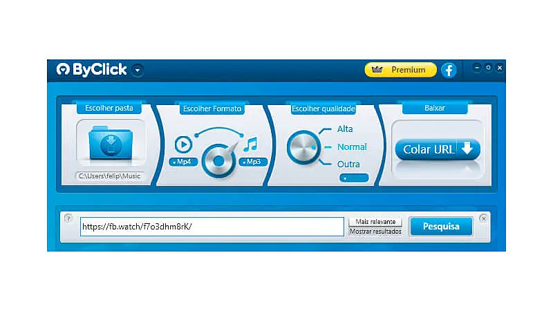 imagem do programa ByClick Downloader com um link de um video do Facebook na barra de pesquisa