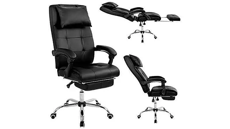 imagem que mostra a cadeira de escritório da Pelegrin com revestimento em couro sintético em três posições diferentes