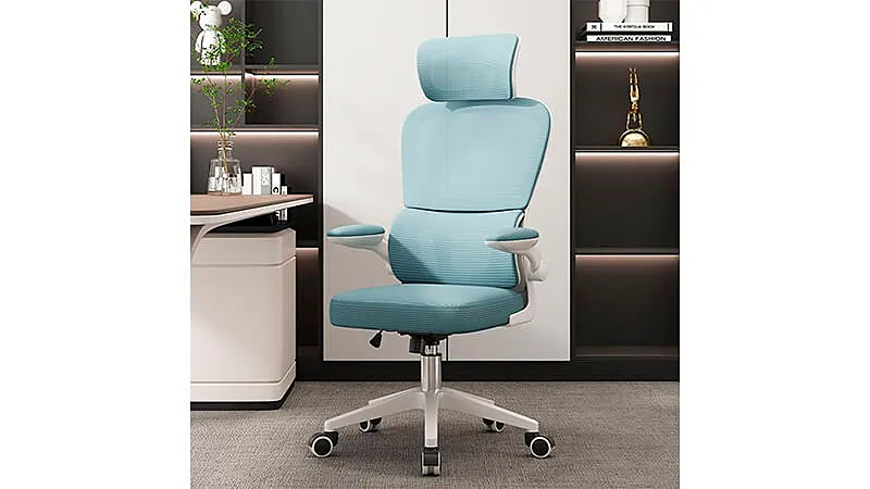 imagem de uma cadeira de escritório na cor verde turquesa com encosto em tela mesh