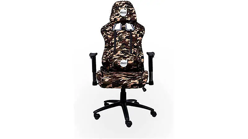imagem de uma cadeira ergonômica Gamzer Dazz Battle com estampa camuflada e almofada para lombar