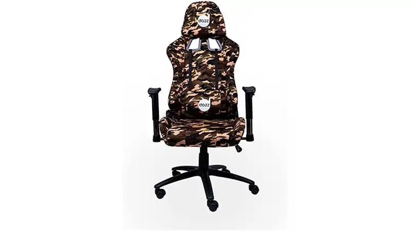 imagem de uma cadeira ergonômica Gamzer Dazz Battle com estampa camuflada e almofada para lombar