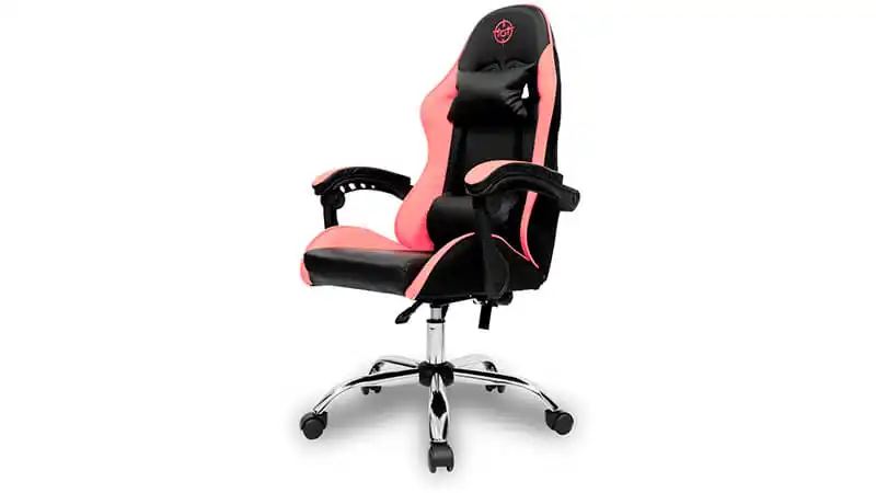 Cadeira Gamer Rosa TGT Heron imagem de uma cadeira gamer rosa e preta da TGH Heron