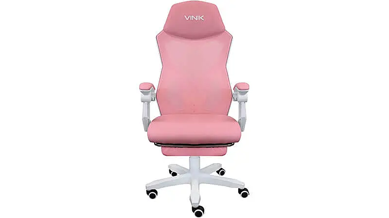 imagem de uma cadeira gamer rosa e branca Vinik
