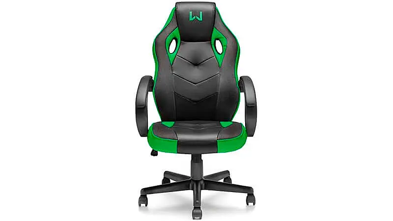 imagem de uma cadeira gamer Warrior com estampa preta e verde
