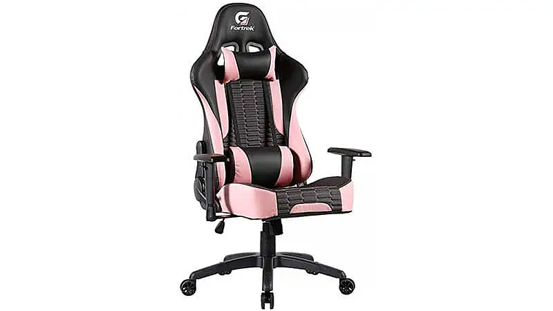 imagem de uma cadeira gamer Fortrek com estampa preta e rosa