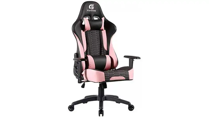 imagem de uma cadeira gamer Fortrek com estampa preta e rosa