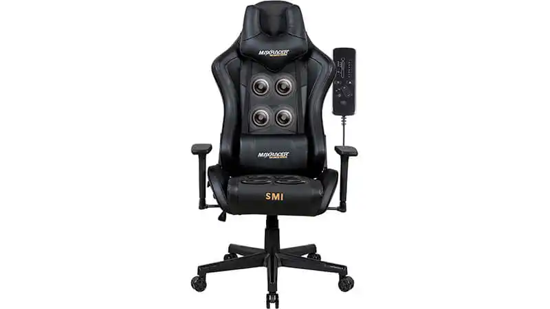imagem que mostra os pontos de massagem e um controle remoto da cadeira gamer massageadora Tactical SMI
