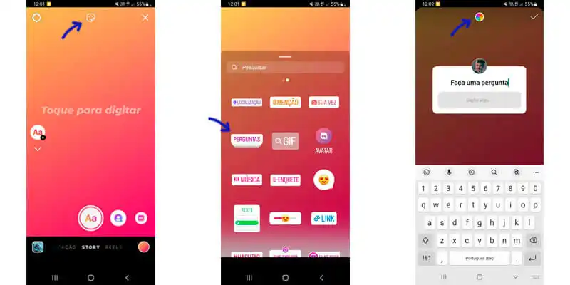 passo a passo Passo a passo com 3 capturas de tela mostrando como usar a caixa de perguntas no Instagram