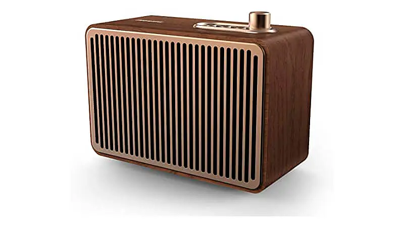 imagem de uma caixa de som bluetooth Philips Vintage com acabamento que imita madeira
