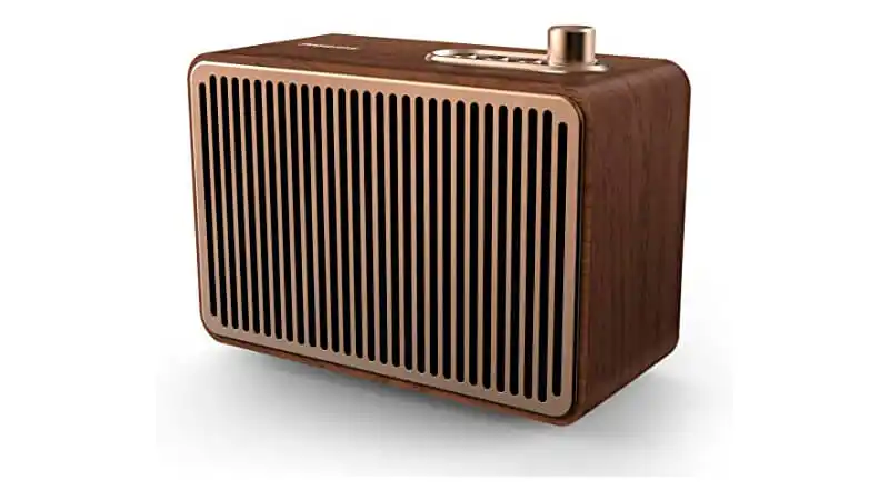 imagem de uma caixa de som bluetooth Philips Vintage com acabamento que imita madeira