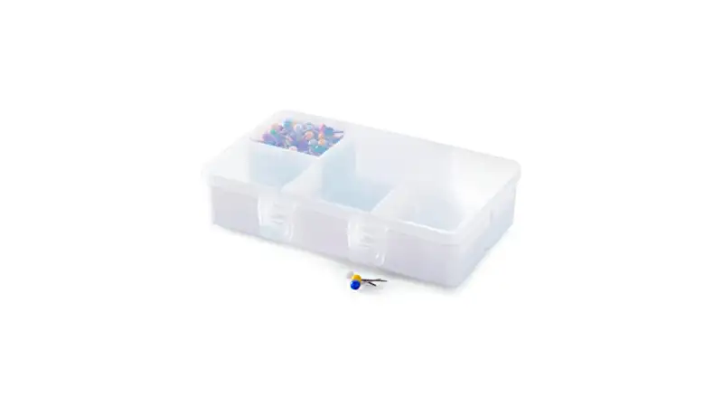 imagem de uma caixa organizadora com cinco divisórias e design semitransparente