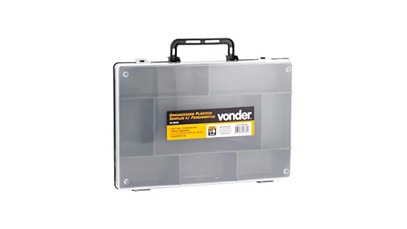 imagem de uma caixa organizadora com oito divisórias e tampa semitransparente