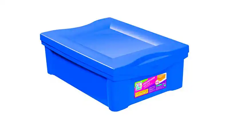 imagem de uma caixa plástica organizadora de 13.5 litros na cor azul com tampa