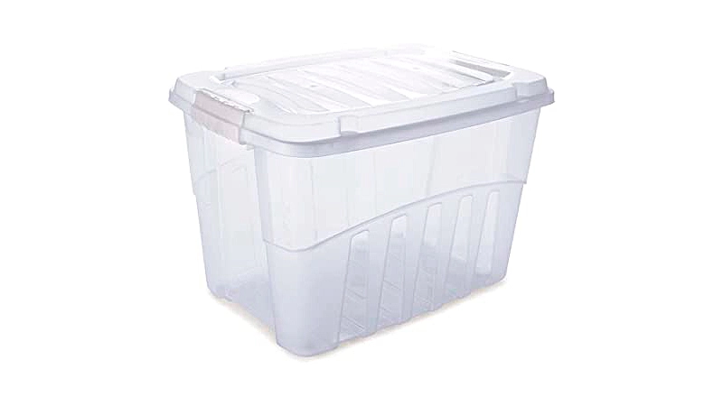 imagem de uma caixa organizadora de 78 litros transparente com tampa
