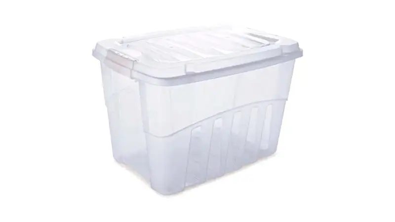 imagem de uma caixa organizadora de 78 litros transparente com tampa