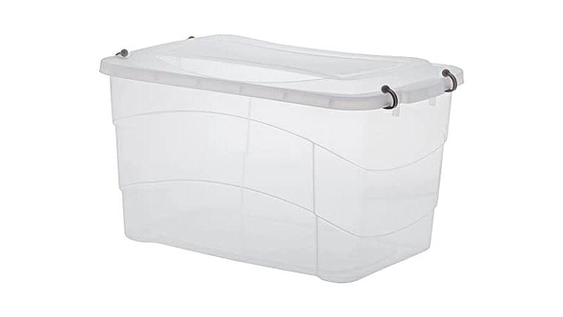 imagem de uma caixa organizadora de 50 litros transparente com tampa
