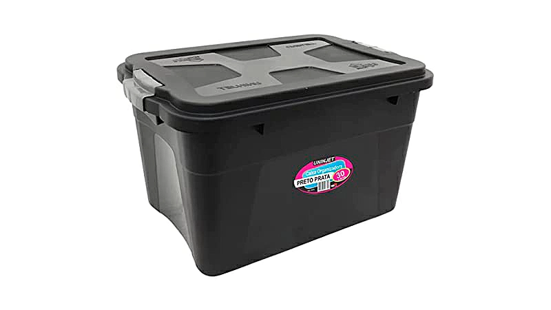 imagem de uma caixa organizadora de 30 litros na cor preta com a tampa