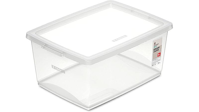 imagem de uma caixa organizadora de 15 litros transparente com tampa