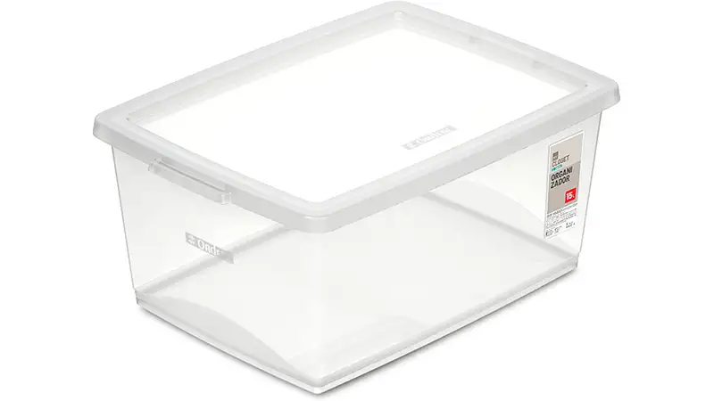 imagem de uma caixa organizadora de 15 litros transparente com tampa