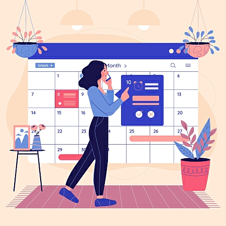 Ilustração de uma mulher em frente a um grande calendário mensal, mexendo em um card de tarefas enquanto fala ao telefone, representando organização e planejamento.