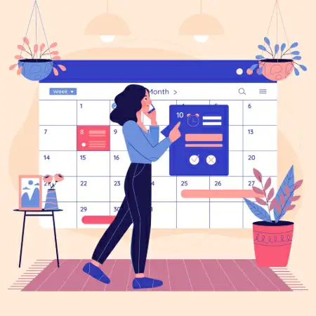 Ilustração de uma mulher em frente a um grande calendário mensal, mexendo em um card de tarefas enquanto fala ao telefone, representando organização e planejamento.