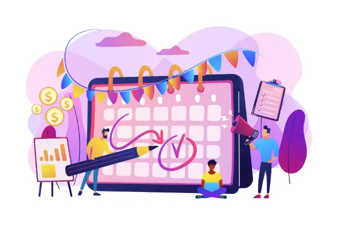 Ilustração de várias pessoas ao redor de um grande calendário, com elementos como gráficos, megafone e moedas, simbolizando planejamento estratégico e ações de marketing.
