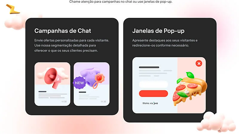 captura de tela que mostra a função de campanha de chat e janelas de pop-up do Jivo Marketing