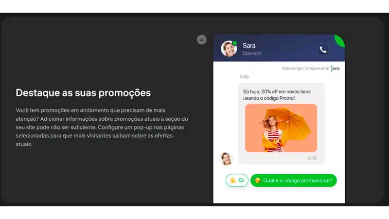 Call to Action Jivo Marketing captura de tela mostrando as janelas de pop-up do Jivo Marketing