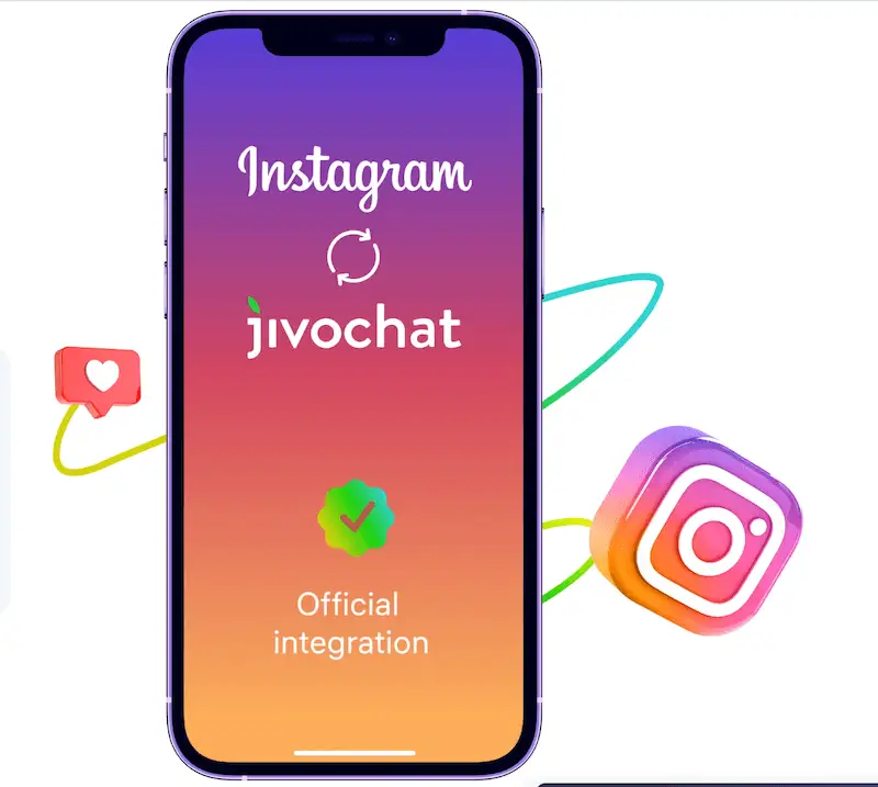 The image shows a smartphone screen where it's written "Instagram, JivoChat, official integration".