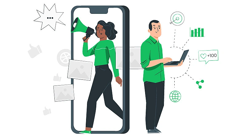 personas enviando mensajes por diversos canales digitales y offline