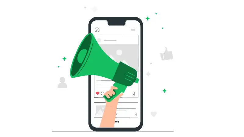 Megáfono animado que sale desde un smartphone