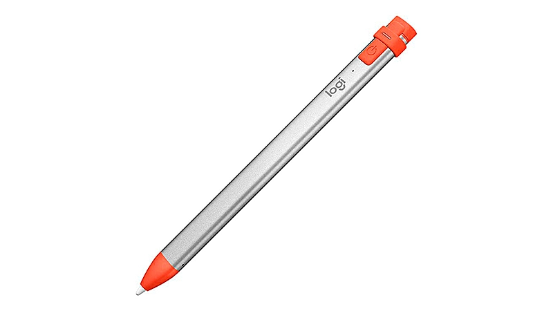 imagem de uma caneta touch Crayon da Logitech na cor prata com detalhes em laranja