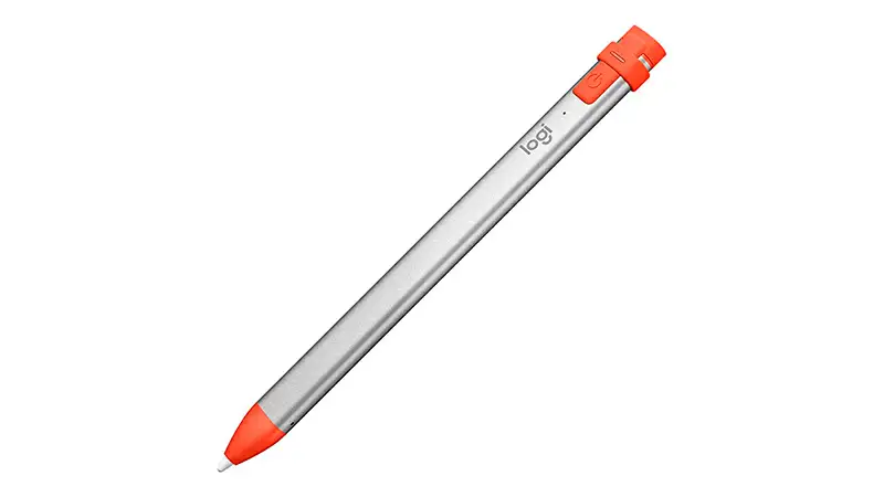 imagem de uma caneta touch Crayon da Logitech na cor prata com detalhes em laranja