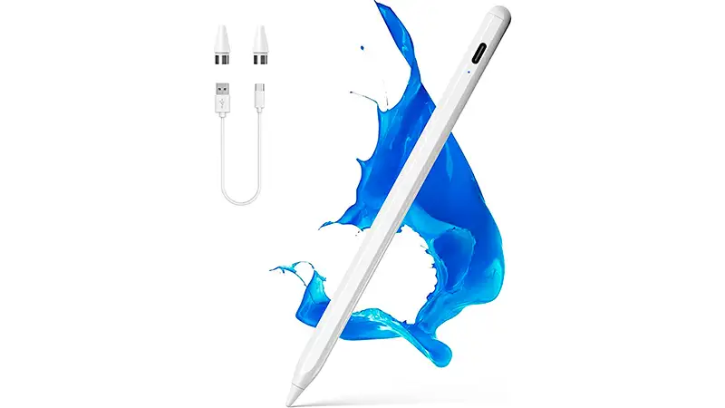 imagem que mostra uma caneta touch NTHJoys na cor branca, um pouco de tinta atrás da caneta e um cabo USB carregando as pontas 