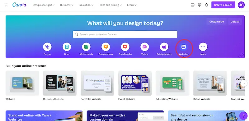 Canva website builder page Canva website builder page