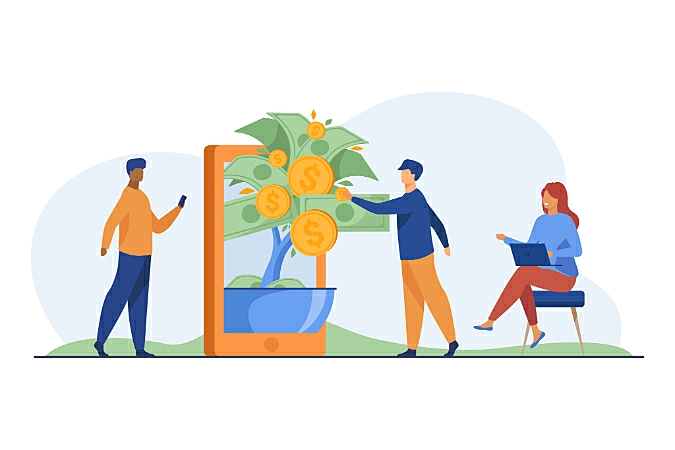 Ilustração de uma pessoa colocando moeda em um celular grande com várias moedas e notas e 2 pessoas ao lado usando dispositivos eletronicos