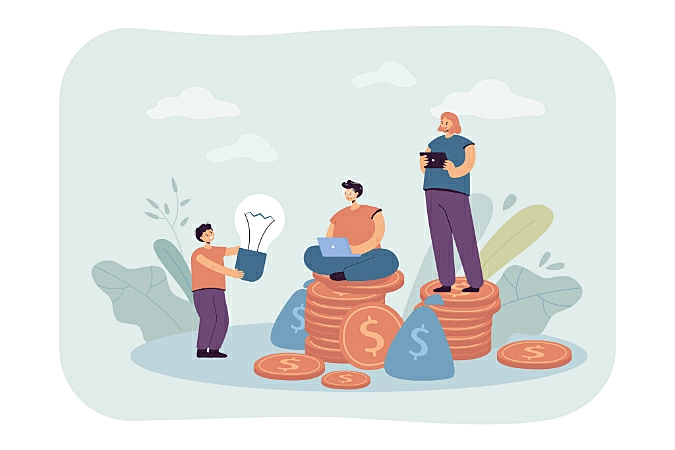 Ilustração de uma pessoa levando uma ideia para duas pessoas que estão em cima de moedas